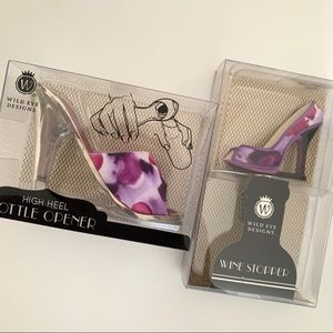 Purple shoe wine bottle stopper and opener set